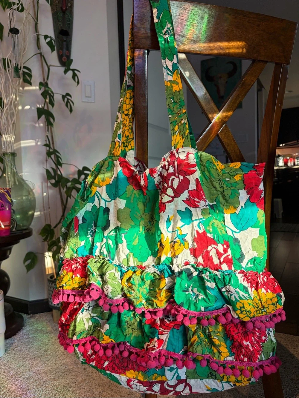 NATURAL LIFE Green Red Yellow Floral Ruffle Hobo Bag